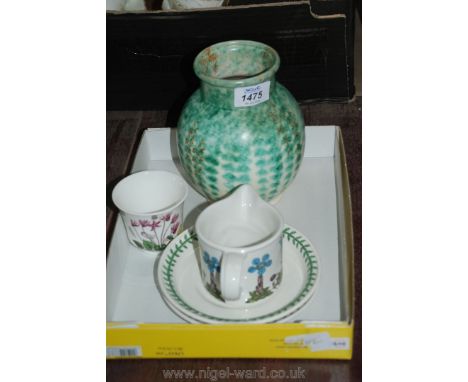 A vintage Beswickware Vase decorated in a soft green sheen, 7" high, a Portmeirion milk Jug, 3'' high and a small Portmeirion