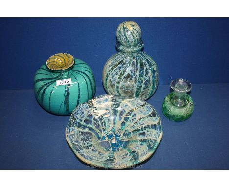 A blue and green Medina bowl with a matching decanter along with a blue swirl vase with yellow swirl interior plus a green Ca