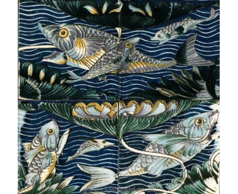 Nine sets of four tiles (plus four extra tiles) with Persian fish designs by William De Morgan for William Morris in amethyst