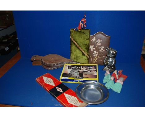 A quantity of miscellaneous including wood and leather bellows, two old stand up folding photograph albums and contents, Crib