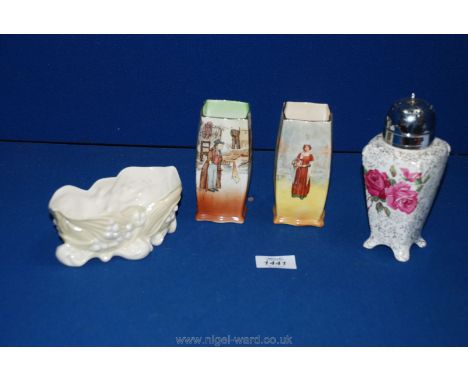 A small quantity of china to include a pair of Royal Doulton vases, one a/f, Midwinter sugar sifter and a Belleek dish.