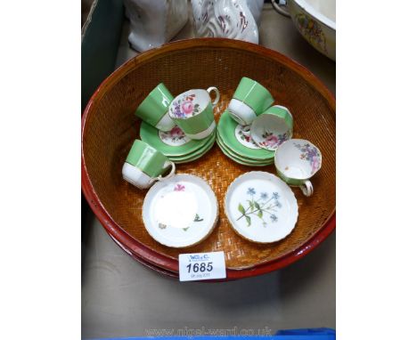 A red Chinese tub with six Crown Derby cups and saucers and Minton pin dishes