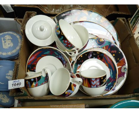 A box of china, Villeroy and Bosch, Thunderbird, including plates and cups and saucers,.