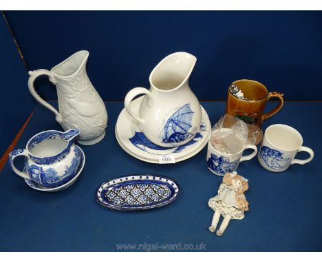 A quantity of china including jug and sugar bowl, Portmeirion jug, quantity of National Trust china including cats, Wade tank