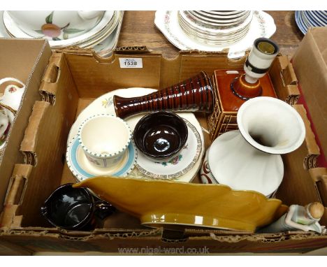 A quantity of china including six Alfred Meakin plates, Poole lamp stand, mustard leaf plate, Radford vase, etc.