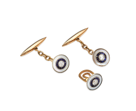 A PAIR OF ANTIQUE DIAMOND AND SAPPHIRE CUFFLINKS AND BUTTON in yellow gold and white gold or platinum, set with a central rou