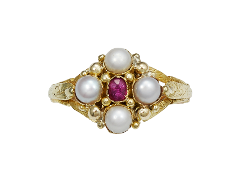 AN ANTIQUE RUBY AND PEARL RING, 19TH CENTURY in high carat yellow gold, set with an oval cut ruby encircled by four pearls, t