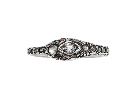 AN ANTIQUE DIAMOND AND RUBY MOURNING SNAKE RING formed as the body of a snake coiled around itself, jewelled with diamonds an
