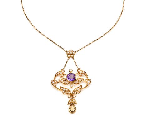 AN ANTIQUE AMETHYST, CITRINE AND PEARL NECKLACE, CIRCA 1915 in high carat yellow gold, with foliate scrolls, unmarked, 6.3cm,