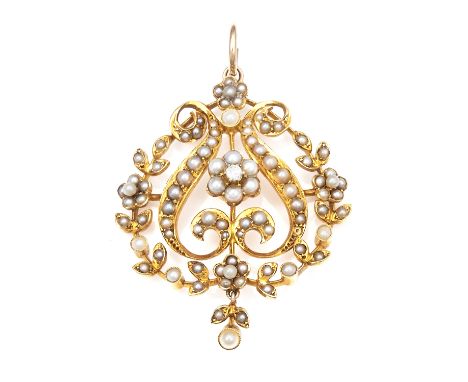 AN ANTIQUE PEARL AND DIAMOND PENDANT, 19TH CENTURY in 15ct yellow gold, designed in scrolling and floral motifs, jewelled wit