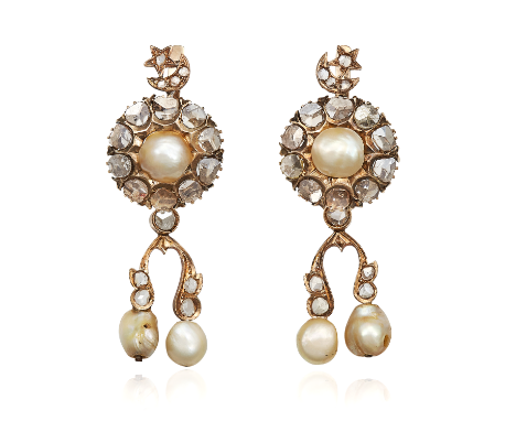 A PAIR OF ANTIQUE NATURAL PEARL AND DIAMOND EARRINGS in yellow gold, each with a pearl and rose cut diamond cluster surmounte