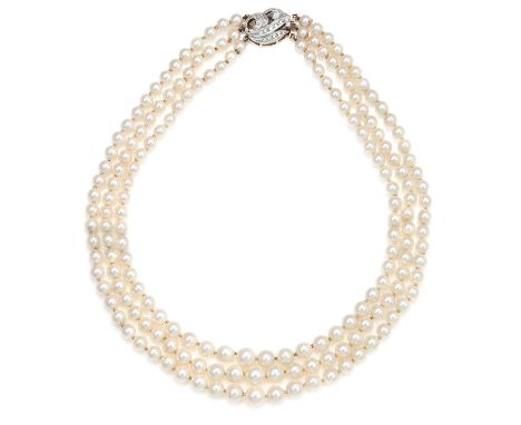 AN ANTIQUE PEARL AND DIAMOND NECKLACE in platinum or white gold, comprising three rows of one hundred and seventy-nine pearls