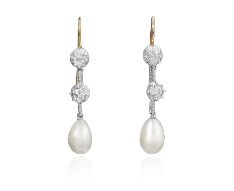 A PAIR OF ANTIQUE NATURAL SALTWATER PEARL AND DIAMOND EARRINGS each set with two old cut diamonds suspending a natural pearl 