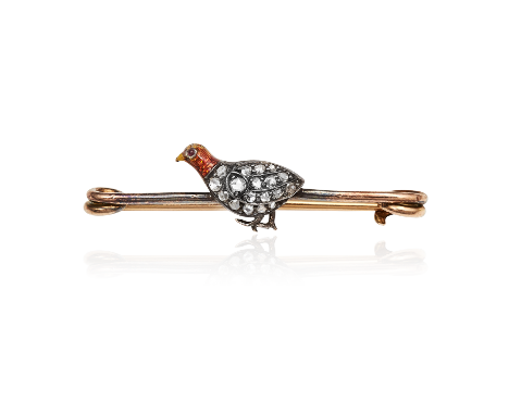 AN ANTIQUE RUBY, DIAMOND AND ENAMEL BIRD BROOCH in yellow gold and silver, the plain bar set with a likeness of a partridge o