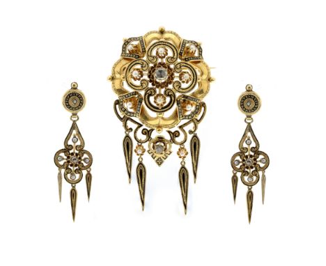 AN ANTIQUE DIAMOND, PEARL AND ENAMEL BROOCH AND EARRINGS SUITE, 19TH CENTURY in 18ct yellow gold, each piece set with a rose 