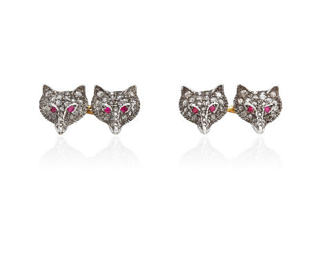 A PAIR OF RUBY AND DIAMOND FOX CUFFLINKS each designed as two foxes head links connected by a central bar, the faces jewelled