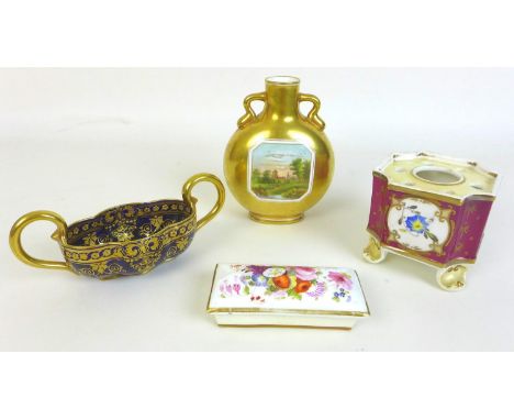 A group of four porcelain items, comprising an Edwardian Coalport moon flask vase, decorated with a reserve landscape view ag