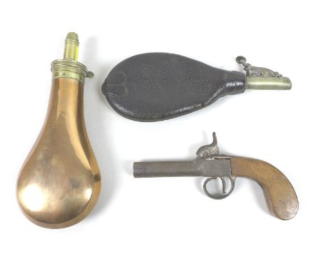 A 19th century percussion muff pistol with walnut stock and proof mark to underside of circular barrel, barrel length 7cm, A/