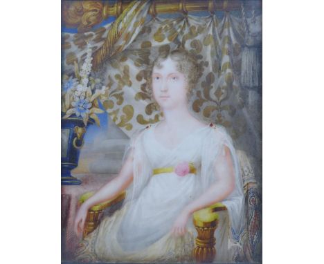 A 19th century portrait of a  seated lady within a continental and decorative interior, oil on ivory panel, unsigned, 14.5 by