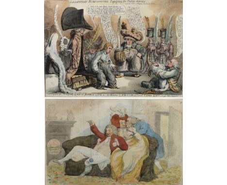 Two James Gillray (1756-1815) hand coloured, cartoon prints: 'Lilliputian Substitutes Equiping for Public Service', 25 by 35.