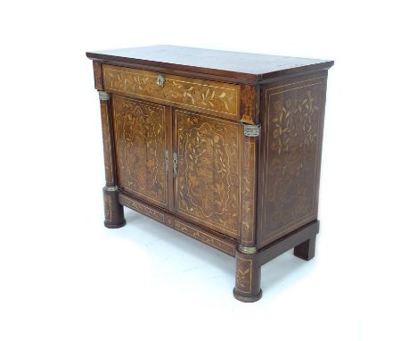 A Dutch 19th century chiffonier, with profuse marquetry inlaid over an oak body, single frieze drawer over twin cupboard door