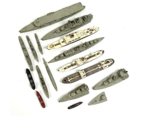 A group of fifteen WWII Wiking hollow cast metal ships models, comprising the aircraft carrier HMS Furious, single funnel war