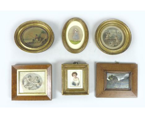A group of six miniature pictures, comprising three 19th century watercolours, one of a little girl with text verso 'Your God