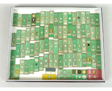 A collection of eighty-four 19th century microscope slides, including insect and animal samples, each with handwritten labels