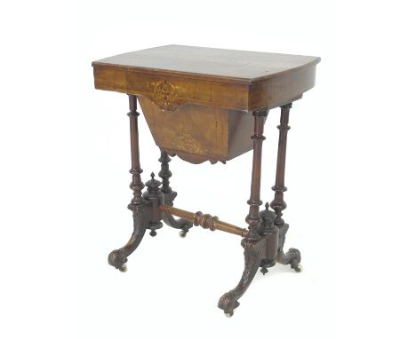 A late Victorian walnut work box, with marquetry and line inlaid decoration, lift lid with fitted interior, raised on a turne
