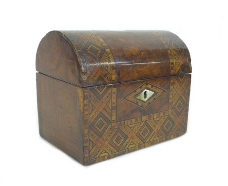 A Victorian Tunbridgeware tea caddy, the domed top inset with geometric marquetry and mother of pearl, opening to reveal two 