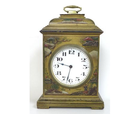 A 20th century mantel clock, Chinoiserie decorated against a gold ground, the white dial with black Art Deco style Roman nume