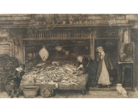 After Robert Walker Macbeth (1848-1910): 'The Fishmonger's Shop', etching after Frederick Walker, unsigned, 44 by 65.5cm, mou