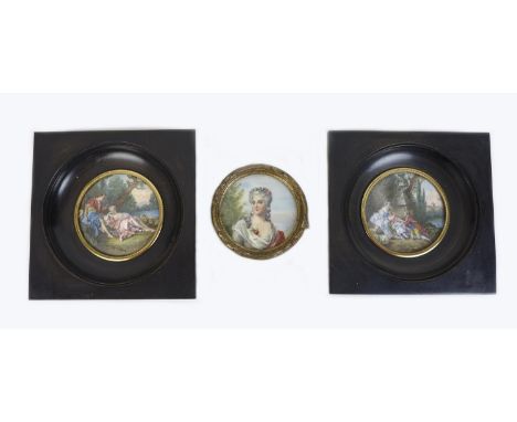 Three hand painted miniatures, comprising a portrait of a lady with a flower in her hair, 6cm diameter in gilt frame, 7.5cm d