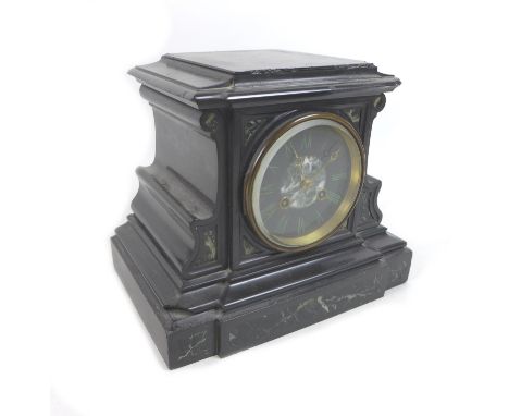 A Victorian slate mantel clock, with inset green marble decorative panels, 8 day movement chiming on a bell, signed 'Bordier 