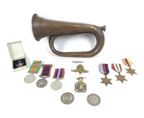 A group of late 19th century and WWII medals and ephemera, comprising a Long Service and Good Conduct medal for Sg Bugl. WAR 