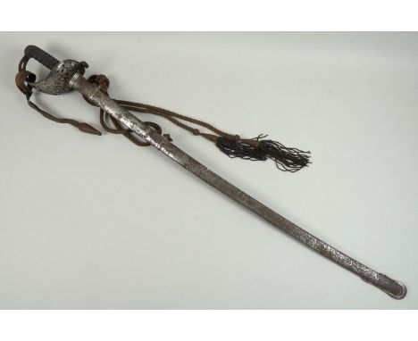 A late 19th century cavalry sword by Hamburger Rogers and Company, pierced decorated guard, wired shagreen grip, with curved 