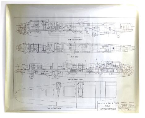 A WWII aeronautical poster, entitled Location of Equipment for a Lancaster Mk I, III and X, issued by A. V. Roe & Co and show