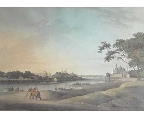 After William and Thomas Daniell: a pair of modern prints, 'View of Mutura, on the River Jumna, plate XXIII' and another with