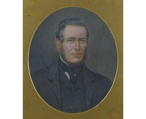 British School (19th century): portrait of a gentleman, in Edwardian suit with cravat, oval format, oil on board, unsigned, 3