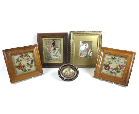 A group of 18th century textiles, comprising a classical scene, within a gilt and ebonised wood frame, indistinct text verso,