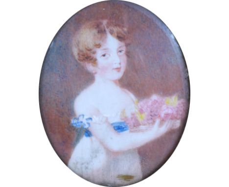 British School (circa 1820): a miniature portrait, 'Hon.ble Lady Neave, aged 7 years...', wearing a white dress with blue wai
