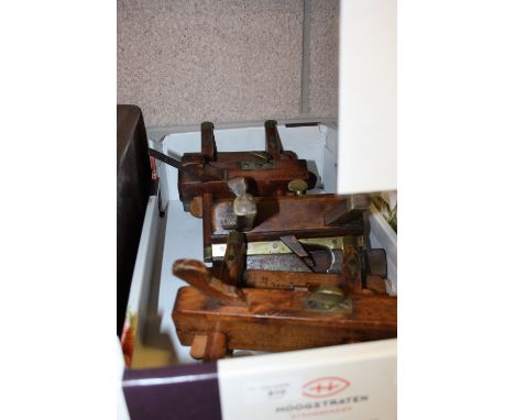 A trio of vintage wooden and brass sash rebate fillister planes