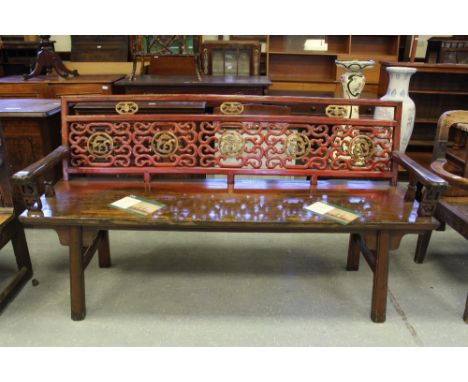 Chinese Lacquered &amp; Carved Wooden Bench