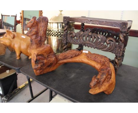 Chainsaw Art - carved branch with three squirrels formed out of solid Beech with scorched decoration