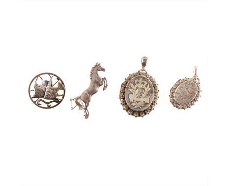 A collection of vintage silver jewellery, two Victorian silver lockets, a 16mm wide silver half hinged bangle hallmarked Ches