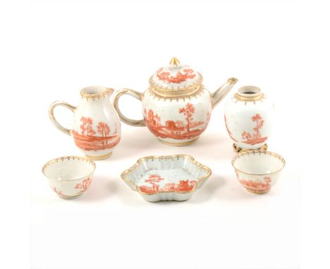 Chinese export part teaset, sepia painted with an Italianate landscape, comprising teapot, 14cm, sparrow beak jug, oval caddy