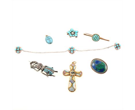 A collection of vintage turquoise jewellery, a silver coloured bug brooch set with turquoise and seed pearls, a 4.5mm bar bro