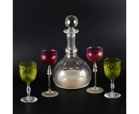 Cut-glass mallet-shape decanter, matched stopper, 31cm; a set of wine glasses, with ruby tinted bowls, and set of cut-glass w