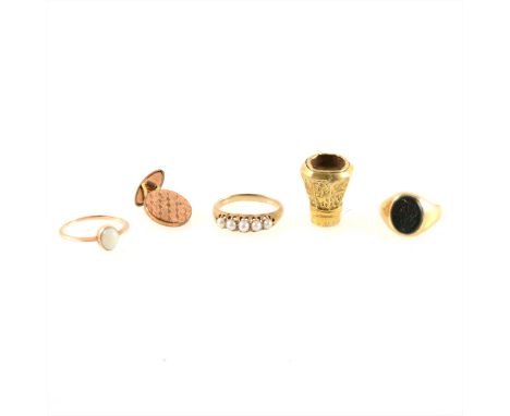 A collection of gold and yellow metal small jewellery items, a half hoop ring set with five pearls, ring size O, a small oval