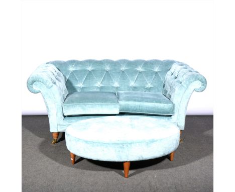 Traditional style two-seater Chesterfield settee by Laura Ashley sofa, sea green upholstery, width 180cm, and foot stool, uph